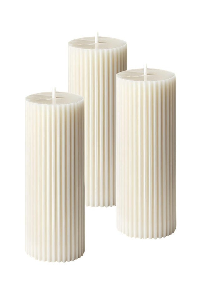 Luces White Soy Wax Pillar Candle Set Of 3 Pcs Ribbed Vanilla Scented Pillar Candles For Home Decor Diwali Wedding Valentine Church X-Mass Spa Dinner Table - Image 1